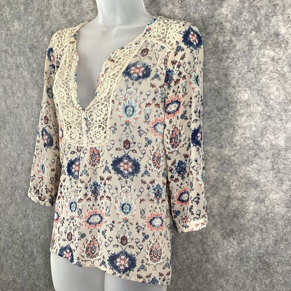 Maeve Stillwater Blouse Henley Top Size *Medium Neutral Motif ANTHROPOLOGIE BOHO - Picture 5 of 16